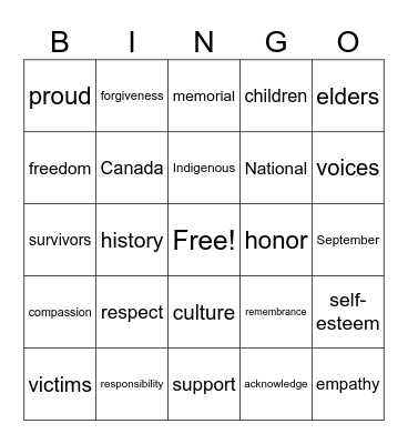 Orange Shirt Day BINGO Card