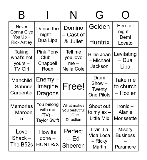 Music Bingo Fall 2025 Bingo Card
