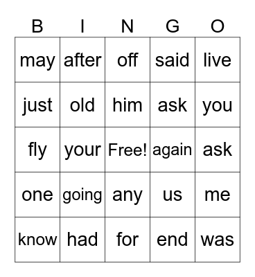 High Frequency Words Bingo Card