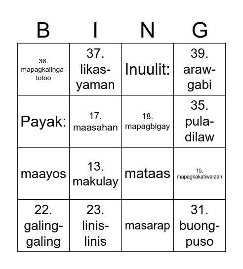 KAYARIAN NG PANG-URI Bingo Card