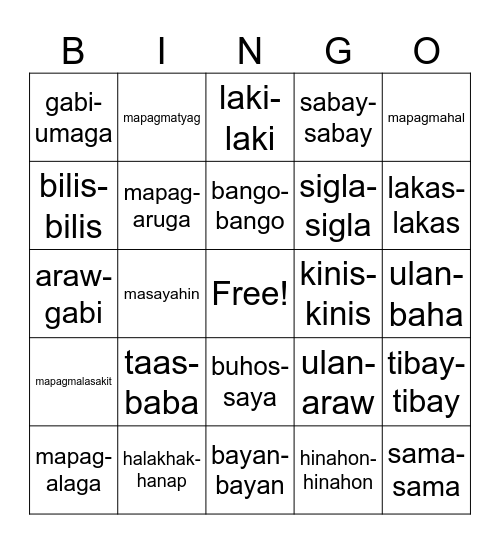 KAYARIAN NG PANG-URI Bingo Card