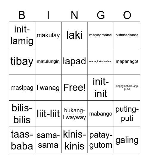KAYARIAN NG PANG-URI Bingo Card