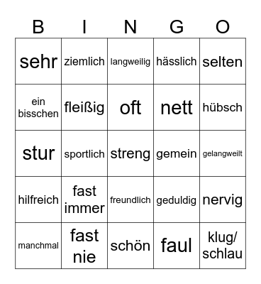 Zeit Adjektive &Eigenschaten Bingo Card