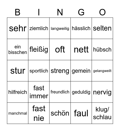 Zeit Adjektive &Eigenschaten Bingo Card
