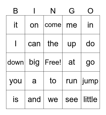 Sight Words Bingo Card