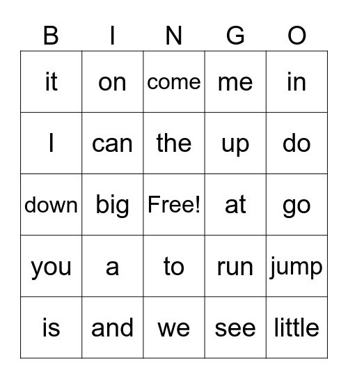 Sight Words Bingo Card