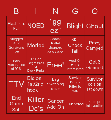 Dead by Daylight Survivor Edition Bingo Card