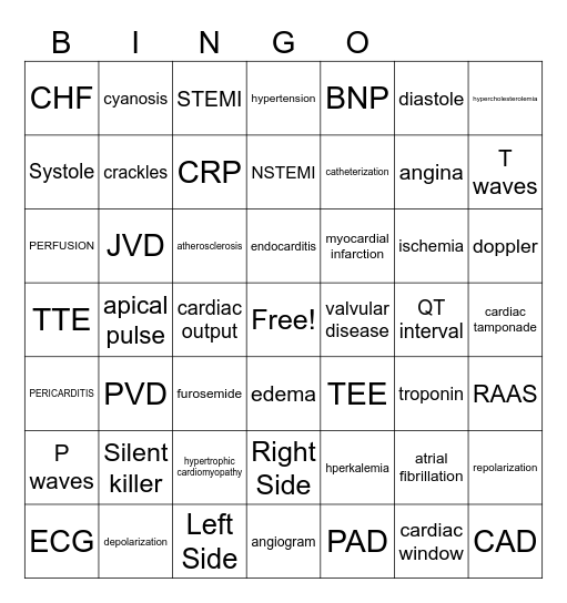Cardiovascular Terms Bingo Card