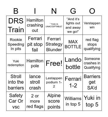 Singapore gp Bingo Card