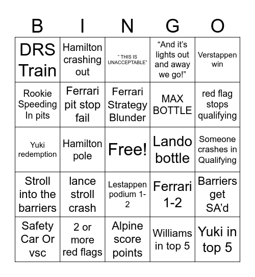 Singapore gp Bingo Card