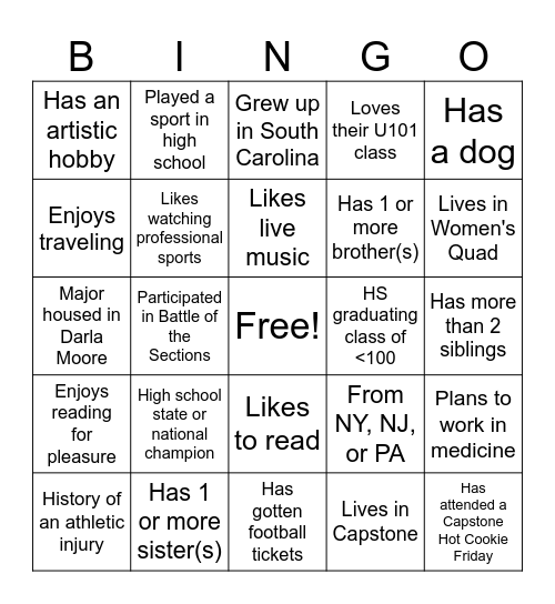 U101 BINGO Card