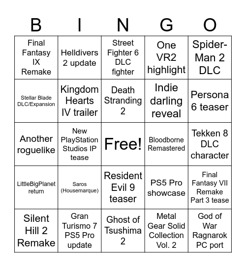 SONY STATE OF PLAY Bingo Card