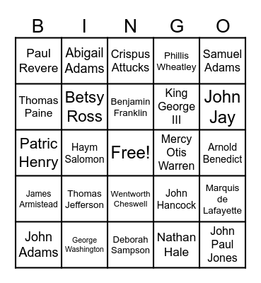 People of the American Revolution Bingo Card
