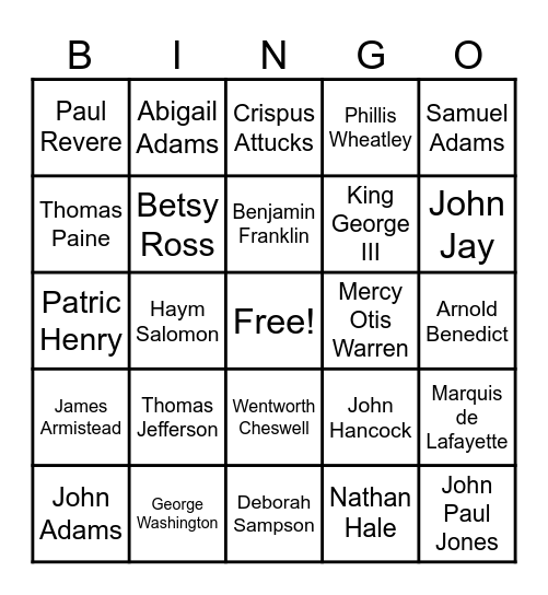 People of the American Revolution Bingo Card