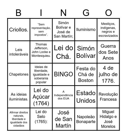 Independência EUA e América Espanhola Bingo Card