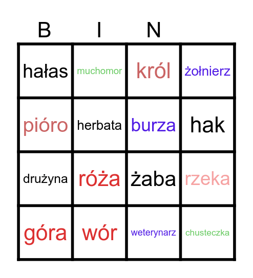 Bingo ortograficzne Bingo Card