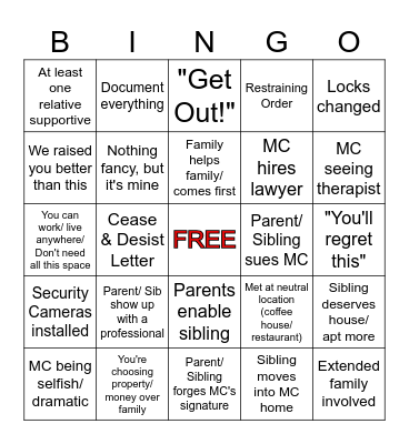 Family Stealing My Home Bingo Card