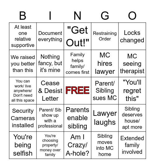 Family Stealing My Home Bingo Card