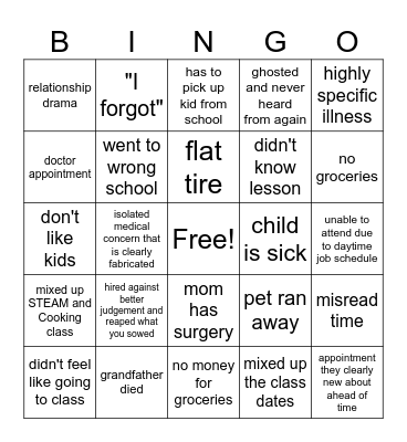 Teacher Call Off Bingo Card