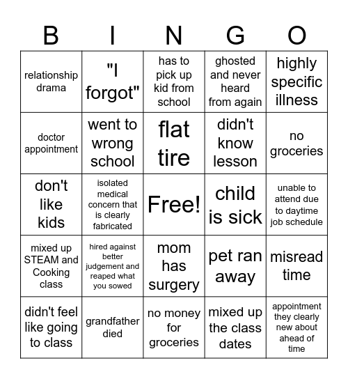 Teacher Call Off Bingo Card