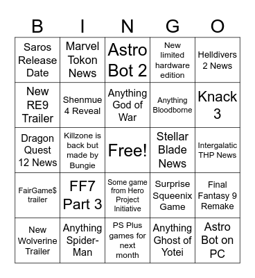 State of Play September Edition Bingo Card