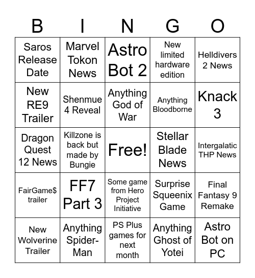 State of Play September Edition Bingo Card
