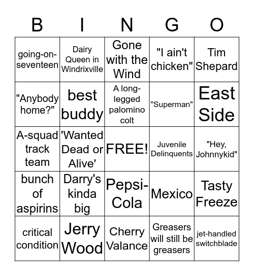 The Outsiders Chapter 7 Bingo Card