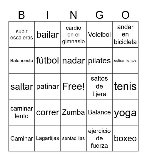 Actividad física (HWC) Bingo Card