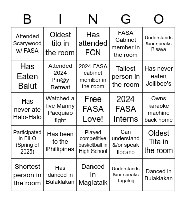 Human Bingo (FASA) Bingo Card