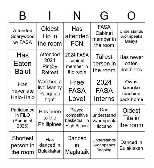 Human Bingo (FASA) Bingo Card
