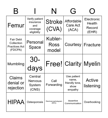 Medical Assistant Weeks 2-3 Review Bingo Card