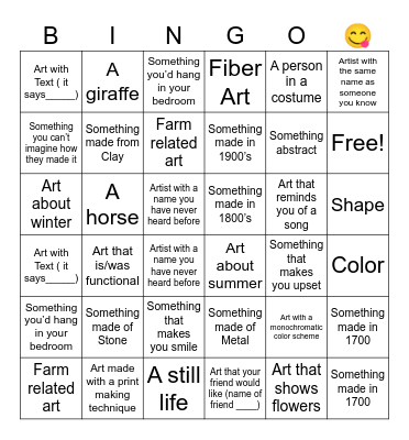 Shelburne Museum Field Trip Bingo Card