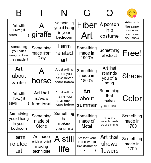 Shelburne Museum Field Trip Bingo Card