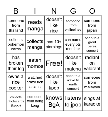 NTU Oriental Icebreaker Bingo Card