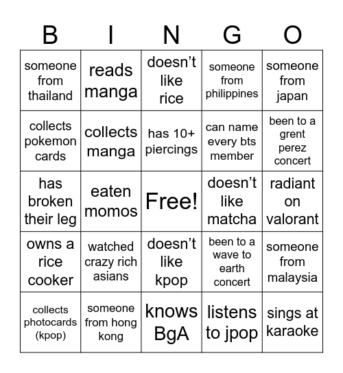 NTU Oriental Icebreaker Bingo Card