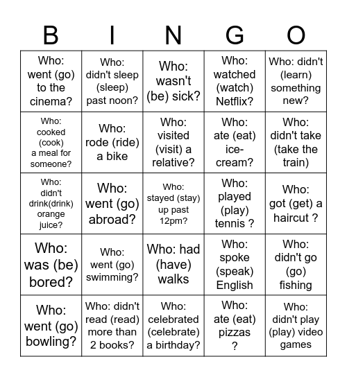 Find someone who....last summer (Did you...?) Bingo Card