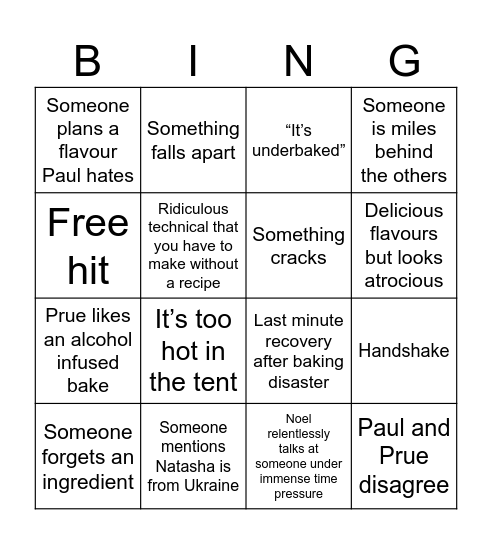 Bake Off Bingo Card