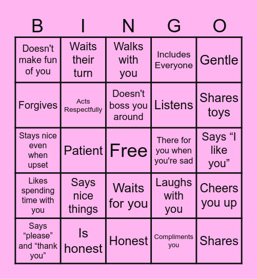 Friendship Qualities Bingo Card