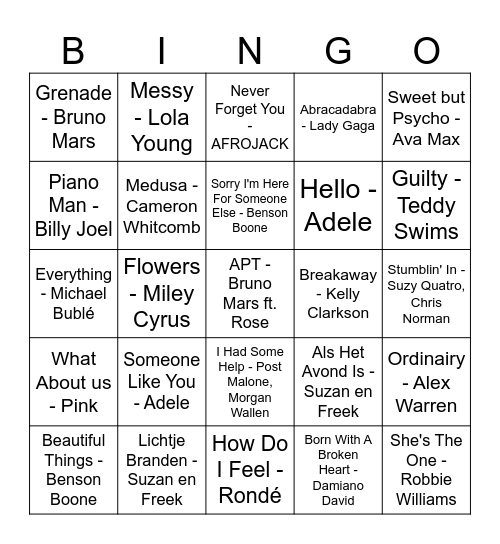Sky Radio Bingo Card
