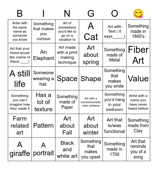 Shelburne Museum Field Trip Bingo Card