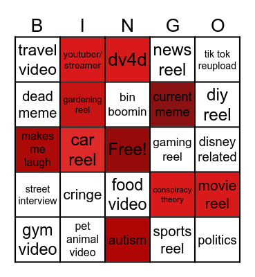 Instagram reel bingo Card