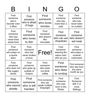 "GET TO KNOW YOU" edition Bingo Card