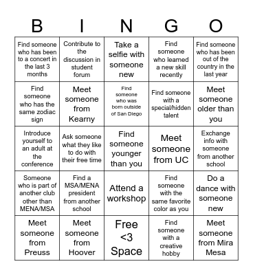 MENA/MSA BINGO Card