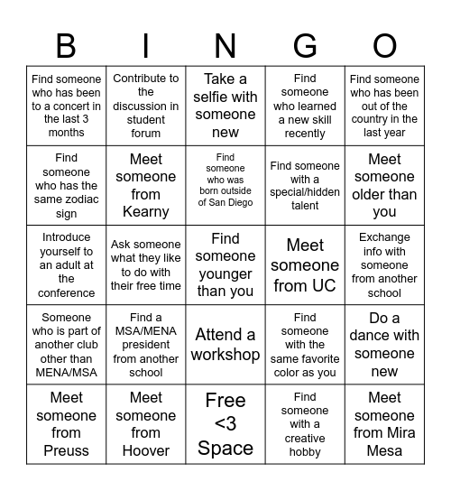 MENA/MSA BINGO Card