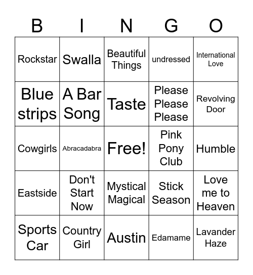Music BINGO Card