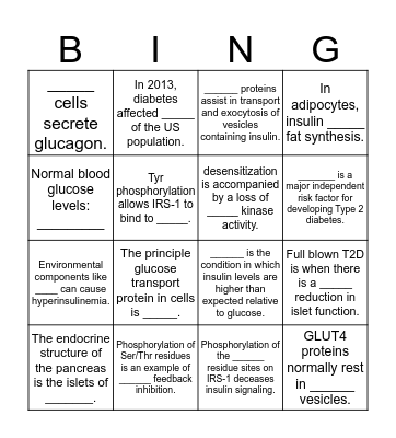 Insulin Regulation of Glucose and Insulin Resistance  Bingo Card