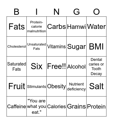 Nutrition and Exercise Bingo Card