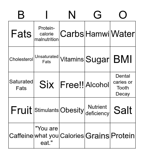 Nutrition and Exercise Bingo Card