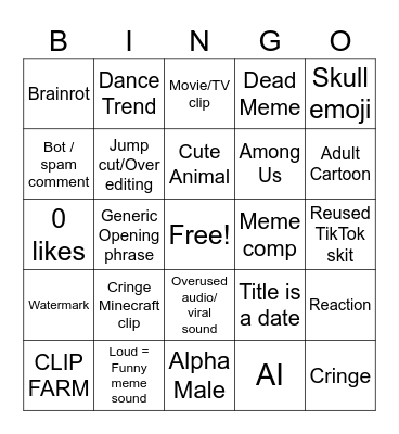 YouTube Shorts Bingo Card