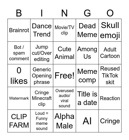 YouTube Shorts Bingo Card